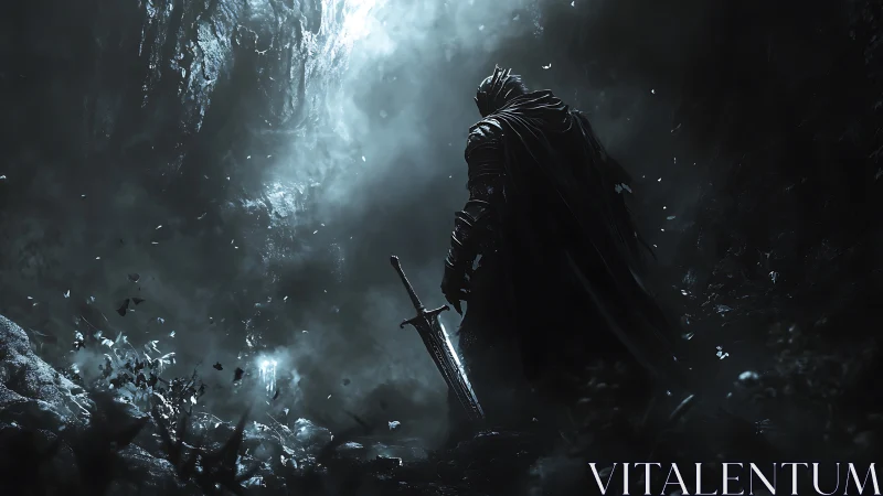 Armored figure with sword in dark misty cavern environment.