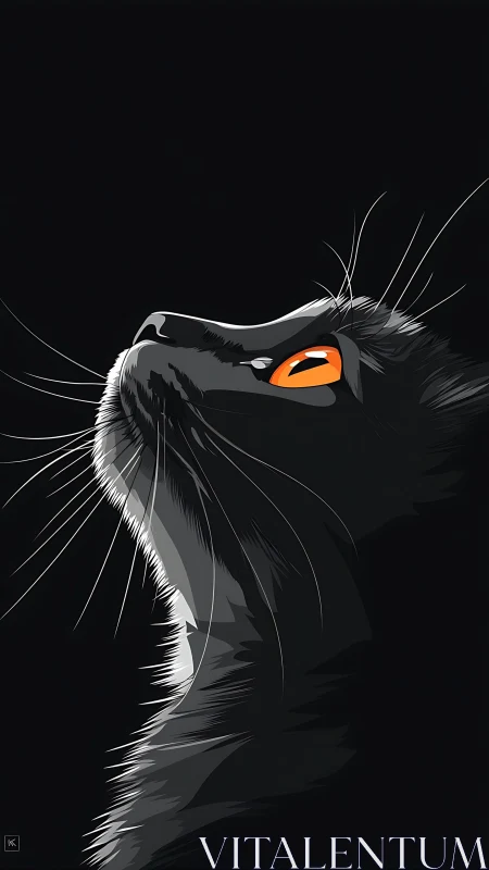 Feline Head Profile with Luminescent Orange Eyes Against Deep Black.