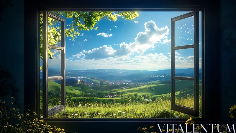 Wide open window framing luminous spring valley panorama