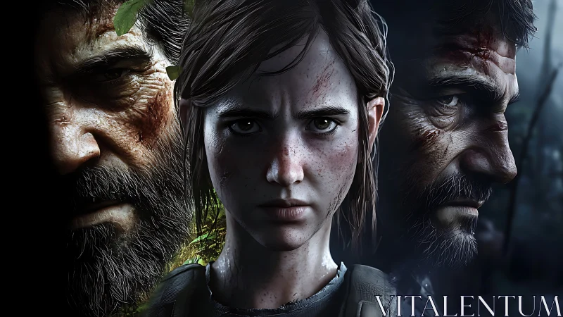 Hardened survivors framed in a tense, cinematic triptych.