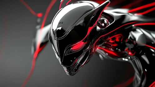 Chrome biomechanical creature head with red glowing eyes.
