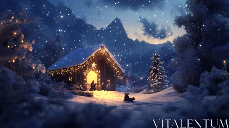 Snow-covered cabin with winter lights in mountainous forest.