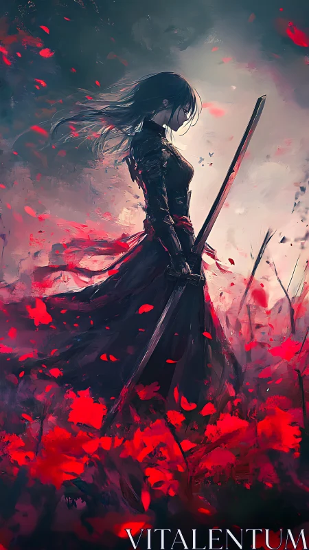 Wind-swept samurai silhouette amid high-saturation scarlet petals.