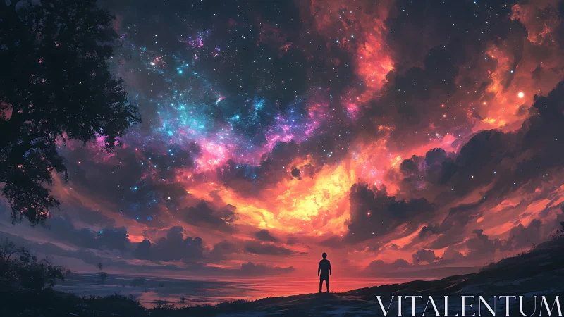 Silhouette stands under luminous nebula sky over coastline