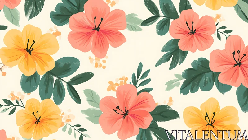 Botanical Floral Pattern with Coral and Yellow Blooms.