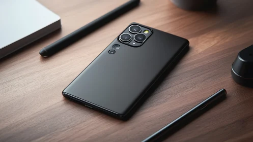 Black smartphone with triple camera on wooden desk.