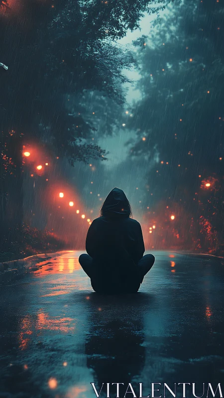 Hooded figure in rainy neon street, moody night solitude.