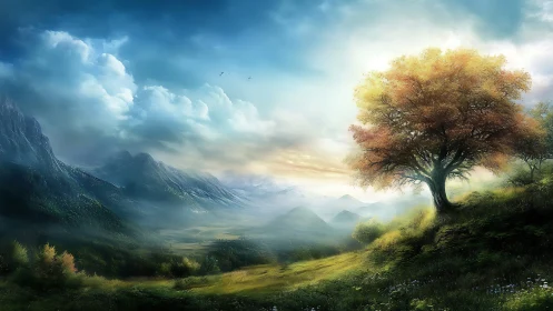 Luminous lone tree over misty valley and distant peaks.