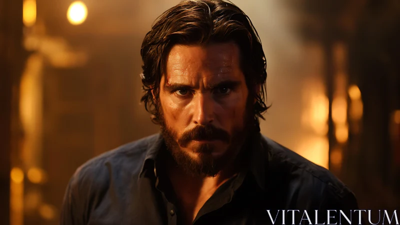 Intense bearded man in low key portrait against fiery bokeh