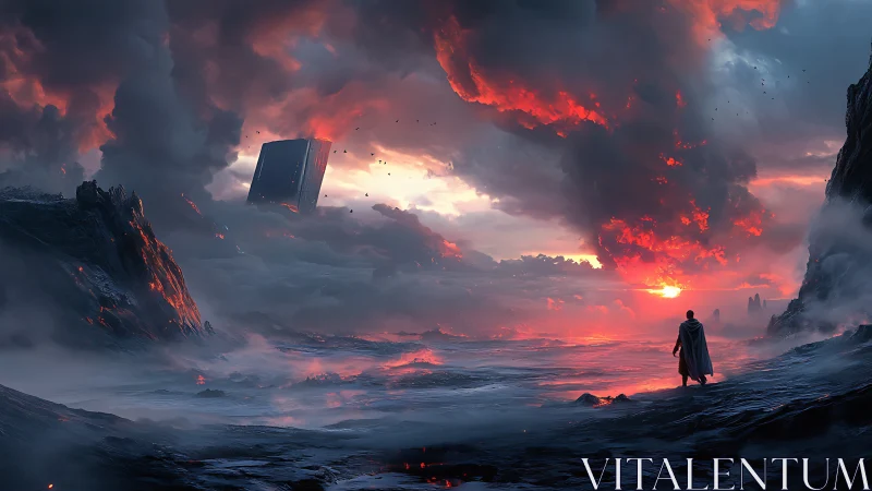 Volcanic shoreline under cubic monolith and supercell sunset.