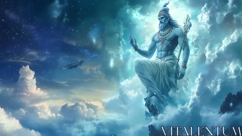 Celestial blue deity meditates above luminous storm clouds