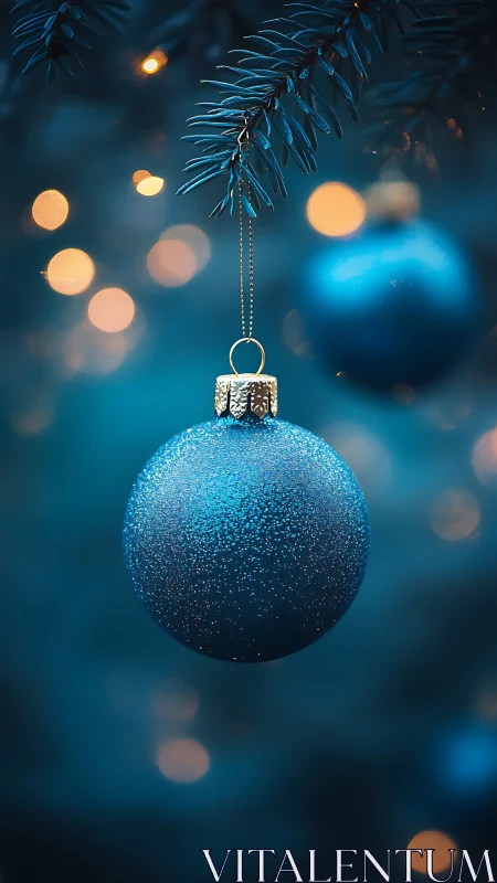 Glittered blue ornament under pine boughs in soft bokeh glow.