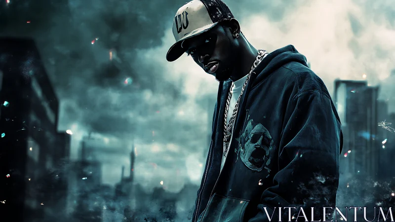 Urban hip‑hop portrait in teal atmospheric digital rendering.