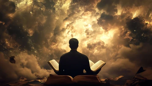 Digital painting of contemplative reader in celestial cloudscape.