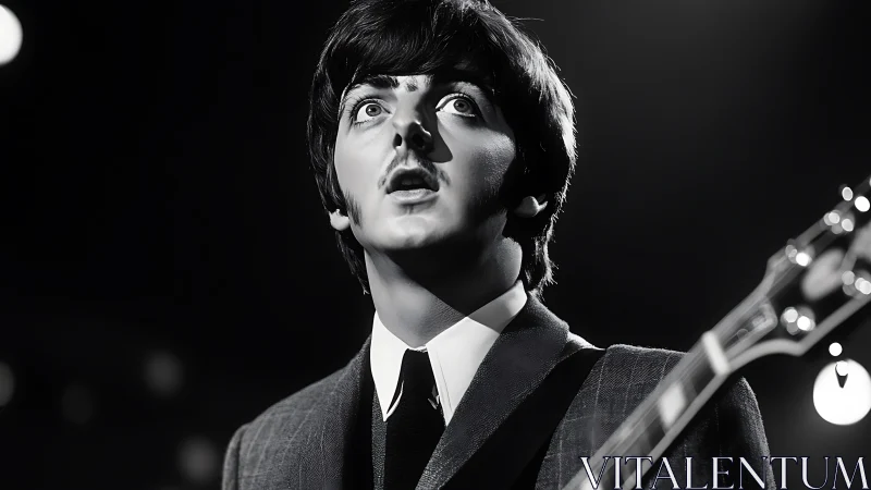 Stage-lit guitarist freezes mid-note beneath silver halos