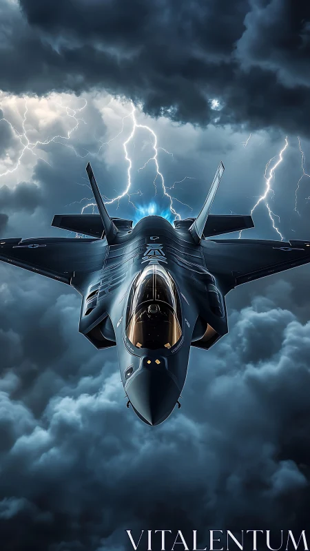 Stealth fighter jet flying through storm clouds with lightning.