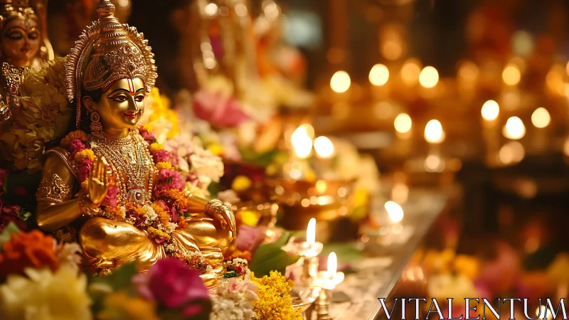 Golden Hindu deity statue surrounded by flowers and lamps.