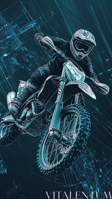 Neon trail rider rockets through a glitching data skyline.