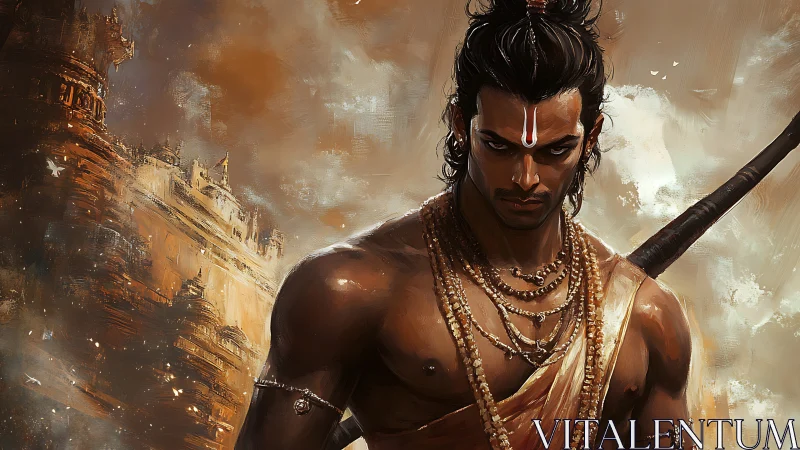 Digital warrior figure stands before temple-like architectural mass