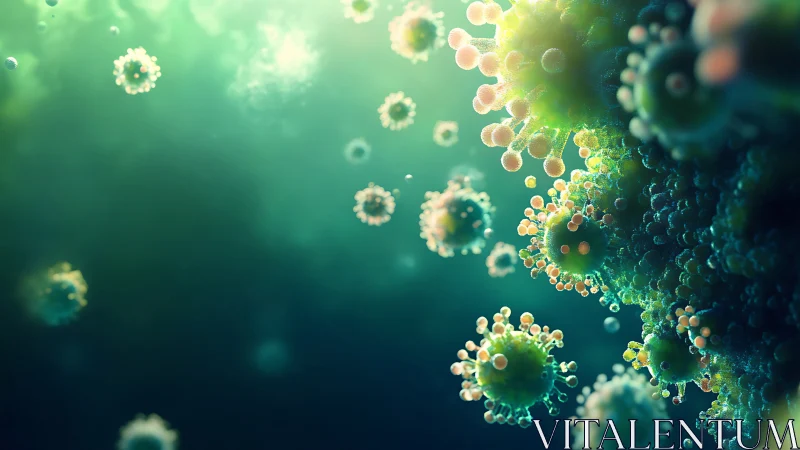 Microscopic viral particles rendered with bokeh depth and volumetric light