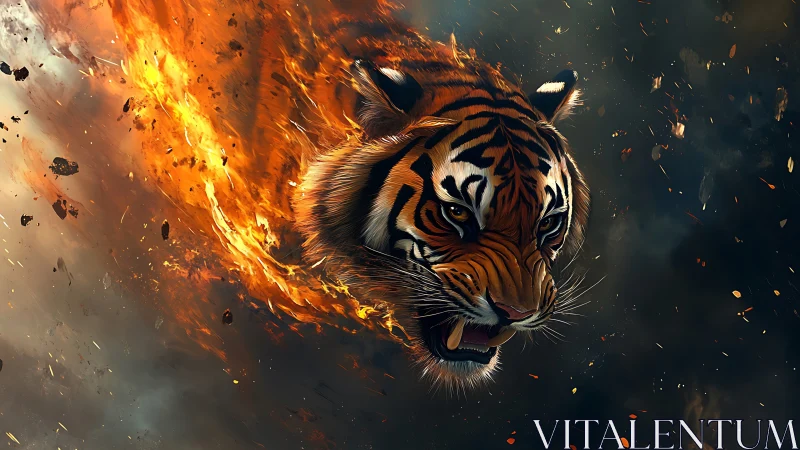 Tiger head emerges through swirling flames and flying embers