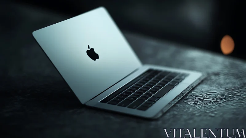 Sleek silver laptop rests on wet textured surface at night.