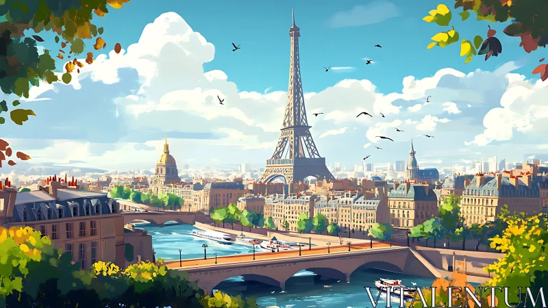 Sunlit digital panorama of Paris skyline and Eiffel Tower