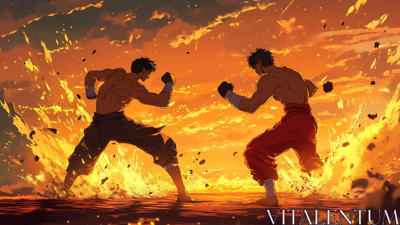 Martial artists clash amid blazing sunset and flying embers.