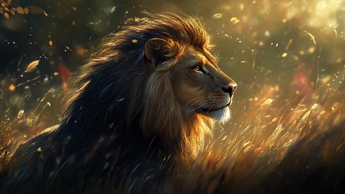 Radiant lion profile in volumetric dusk field illumination.