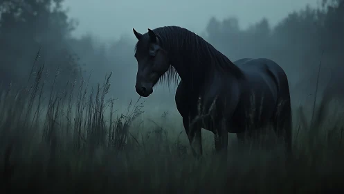 Midnight black horse standing in misty twilight meadow.
