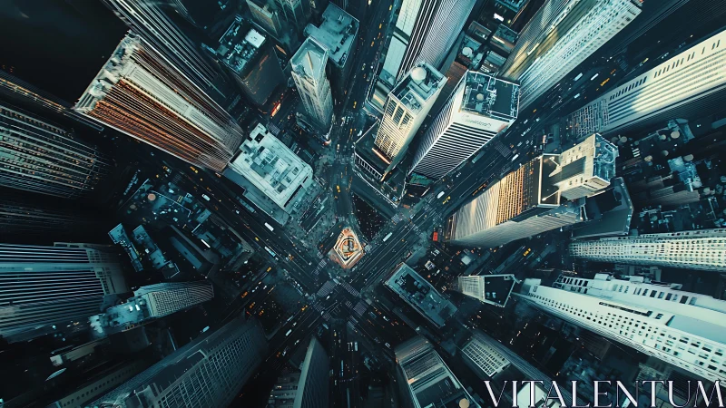 Skyscraper canyon grid in dramatic aerial city view.