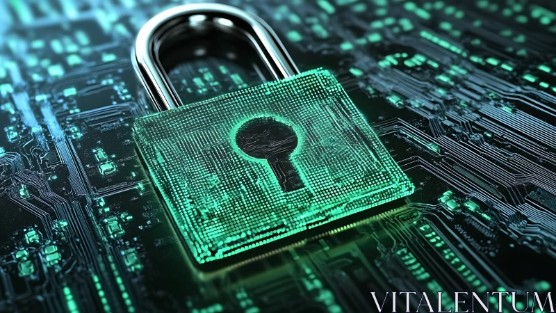 Holographic padlock overlays luminous circuit board, symbolizing data security