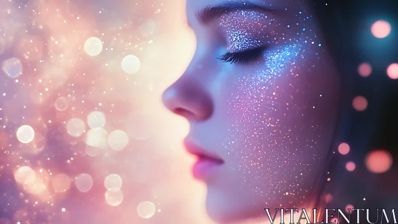 Side profile with glittered skin and soft bokeh lights.
