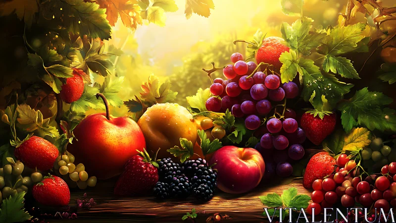 Sunlit orchard feast with jewel-toned fruits and glowing leaves.