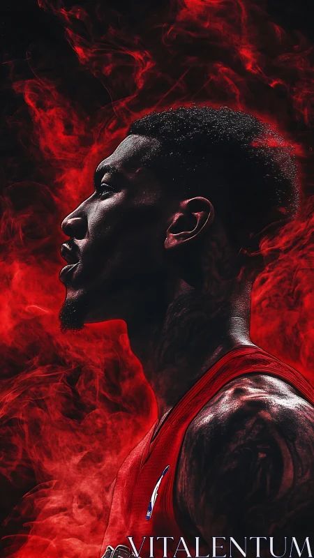 Intense basketball portrait emerges through blazing red smoke.