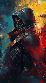 Hooded sci fi warrior in red cloak against abstract flames.