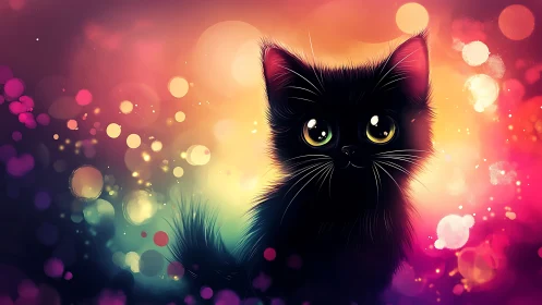 Luminescent Black Feline Portrait in Chromatic Bokeh Field.