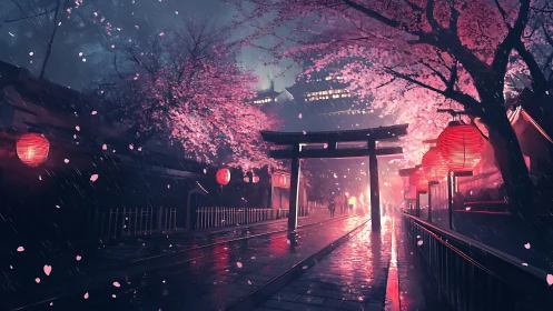 Soft lantern light welcomes visitors under rainy cherry trees