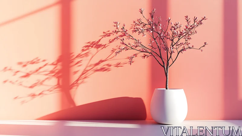Soft pink bonsai in sunlight casting a dreamy shadow.