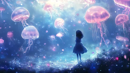 Backlit girl observes luminous drifting jellyfish in ethereal fog