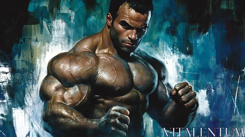 Muscular fighter stands in guard stance against abstract blue