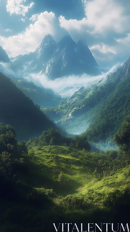 Atmospheric alpine valley with twin peaks and dawn mist