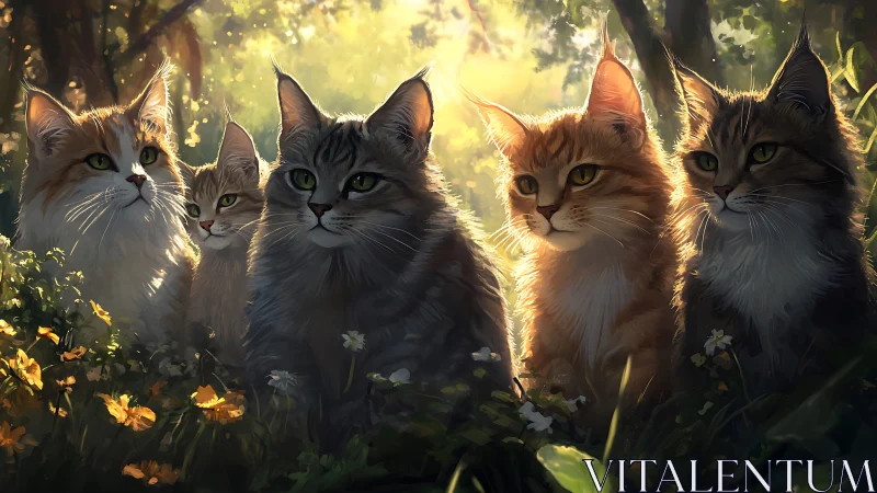 Five Cats Bathed in Golden Forest Sunlight