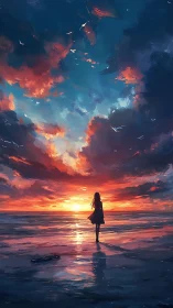 Silhouette observing vivid seascape under expansive sunset sky.