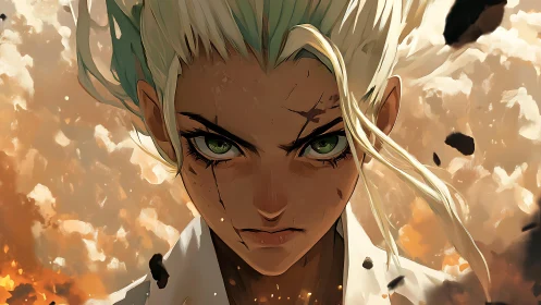 Green-eyed stormbringer locked in a rising ember halo.