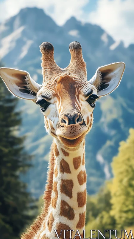 Smiling mountain giraffe enjoying a sunny forest day.