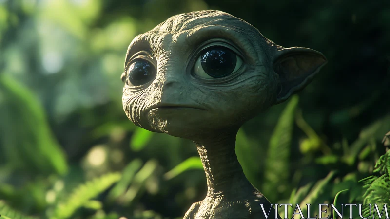 Gentle forest alien gazing softly through sunlit leaves.
