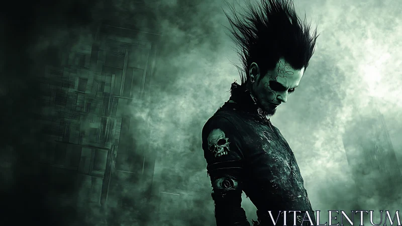 Gothic cyberpunk figure with spiked hair in volumetric green fog