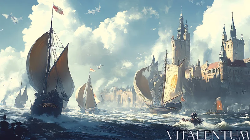 Storm-kissed galleons approach a sunlit cliffside kingdom.