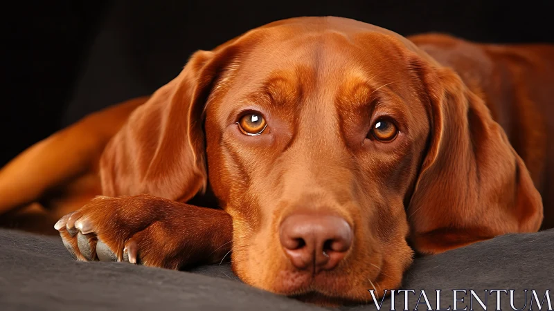 Photorealistic close-up of resting brown dog on dark backdrop.